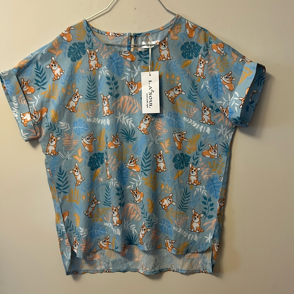 LA Soul corgi covered polyester t-shirt round neck short sleeve size L new w tag